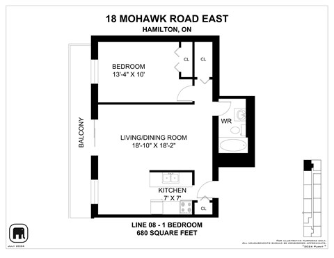 Floor plan for 1 bed, 1 bath, 675 sqft